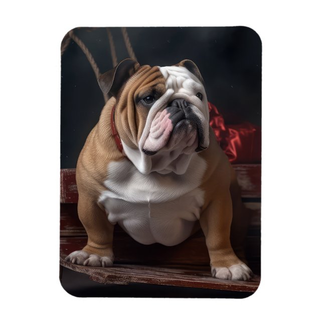 Bulldog Snowy Sleigh Christmas Decor Magnet (Vertical)