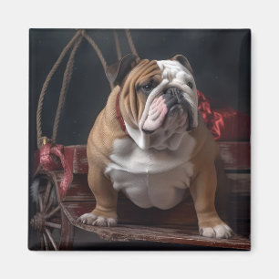 Bulldog Snowy Sleigh Christmas Decor Magnet
