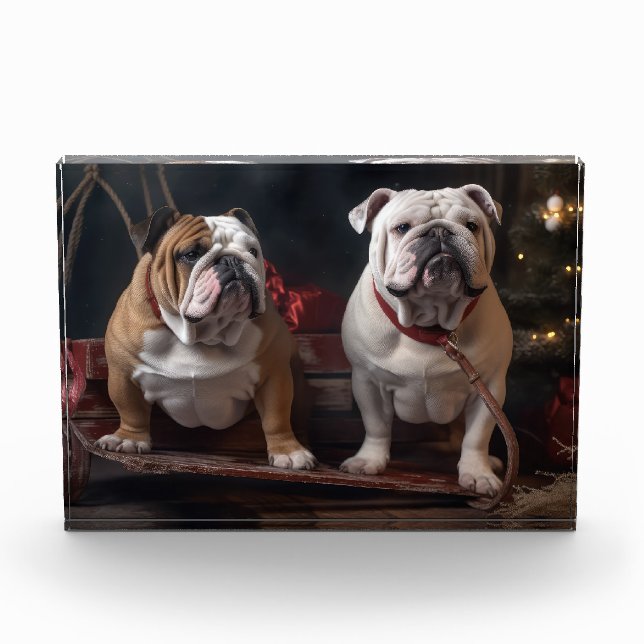 Bulldog Snowy Sleigh Christmas Decor Photo Block (Front)