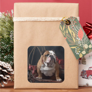 Bulldog Snowy Sleigh Christmas Decor Square Sticker