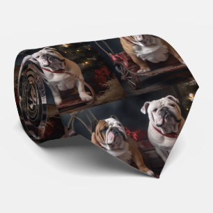 Bulldog Snowy Sleigh Christmas Decor Tie