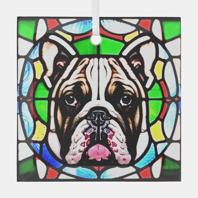 Bulldog "Stained Glass"  Glass Tree Decoration (Front)
