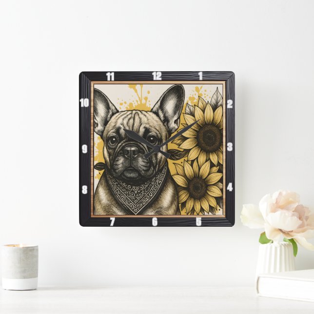 Bulldog Sunflower Graphic Square Wall Clock (Home)