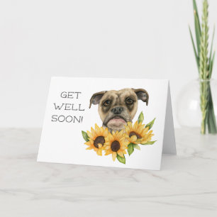 Bulldog Sunflowers Watercolor    Get Well Soon Card