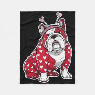 Bulldog Valentine Day Plaid Heart Pattern Dog Head Fleece Blanket