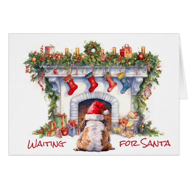 Bulldog Waiting for Santa Christmas Fireplace (Front Horizontal)