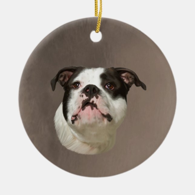 Bulldog Water Colour Art Painting Ceramic Tree Decoration (Front)