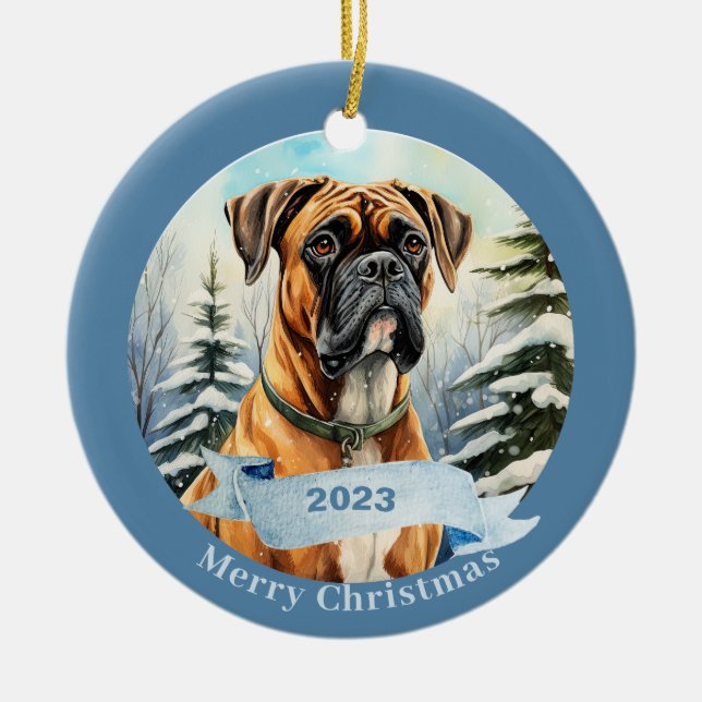 Bulldog Watercolor Dog Christmas  Ceramic Ornament (Front)