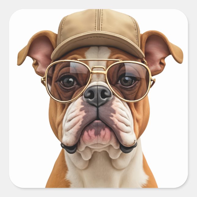 Bulldog Wearing a Beige Cap Square Sticker (Front)