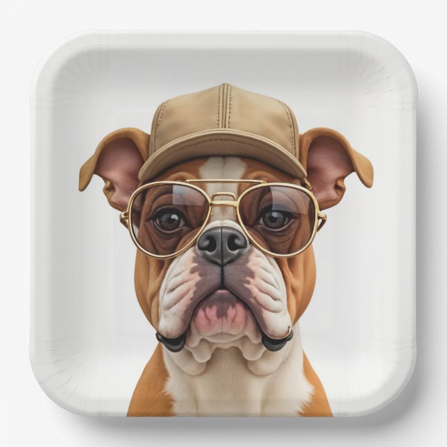 Bulldog Wearing a Cap and Sunglasses Paper Plate (Front)