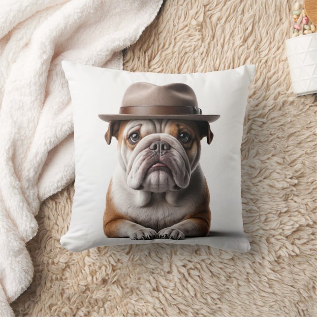 Bulldog Wearing a Fedora Cushion (Blanket)