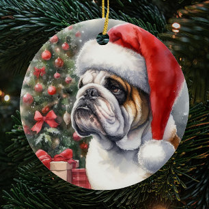 Bulldog Wearing a Santa Hat Christmas Ceramic Ornament