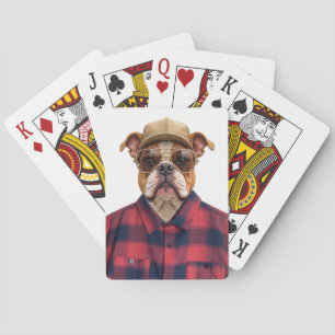 Bulldog Wearing Hat and Flannel Shirt Playing Cards