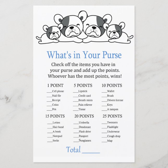 Bulldog What's in your purse game baby shower (Front)