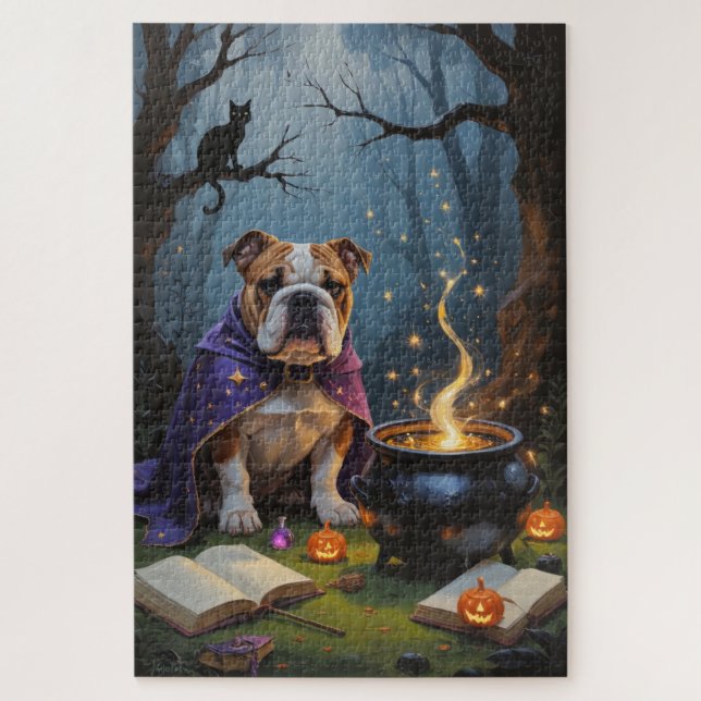 Bulldog Whimsical Halloween Painting Jigsaw Puzzle (Vertical)