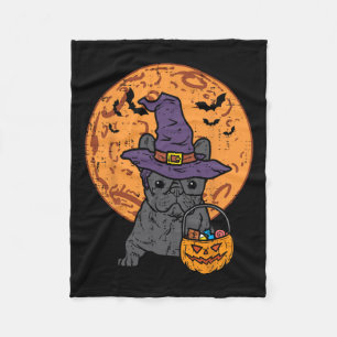 Bulldog Witch Moon Pumpkin Halloween Frenchie Dog Fleece Blanket