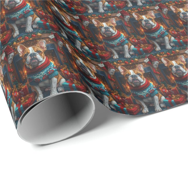 Bulldog with Christmas Gifts Fireplace Wrapping Paper (Roll Corner)