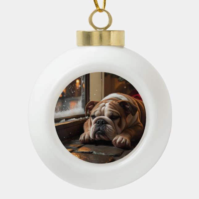 Bulldog with Christmas Lights Holiday Ceramic Ball Christmas Ornament (Front)