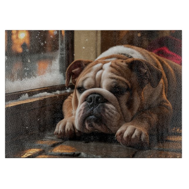 Bulldog with Christmas Lights Holiday Cutting Board (Front)