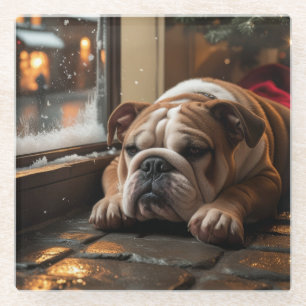 Bulldog with Christmas Lights Holiday Glass Coaster