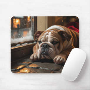 Bulldog with Christmas Lights Holiday Mouse Pad