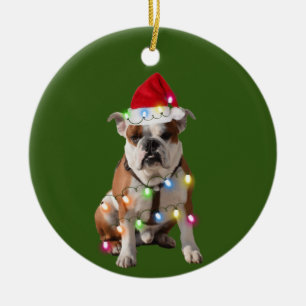 Bulldog With Christmas Scafts Santa Hat Gift Ceramic Ornament