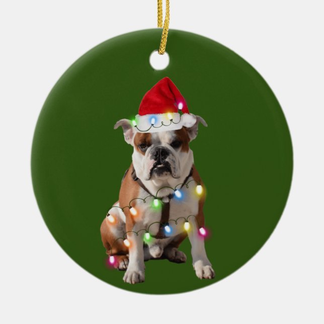 Bulldog With Christmas Scafts Santa Hat Gift Ceramic Ornament (Front)