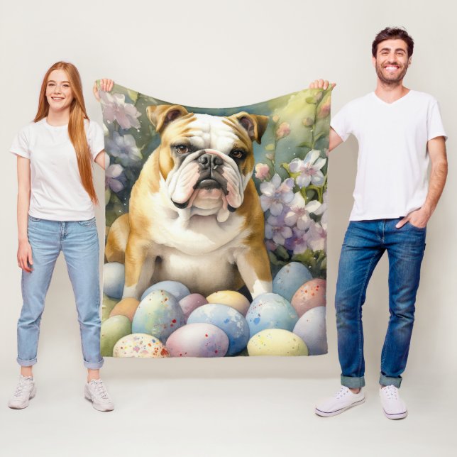 Bulldog with Easter Eggs Holiday Fleece Blanket (In Situ)