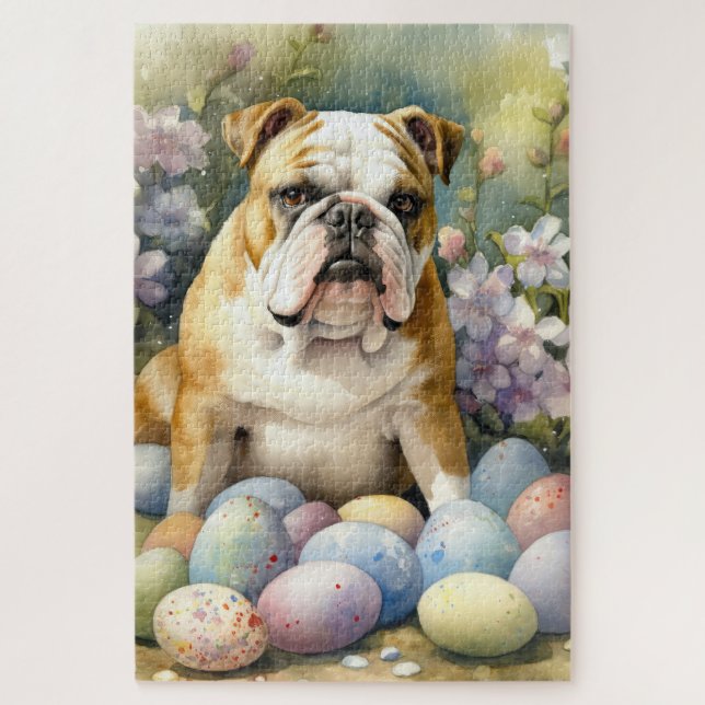 Bulldog with Easter Eggs Holiday Jigsaw Puzzle (Vertical)