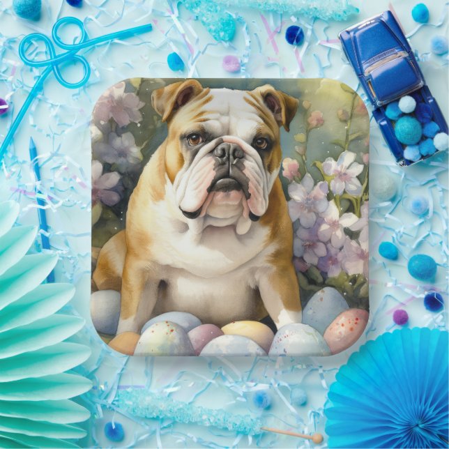 Bulldog with Easter Eggs Holiday Paper Plate (Party)
