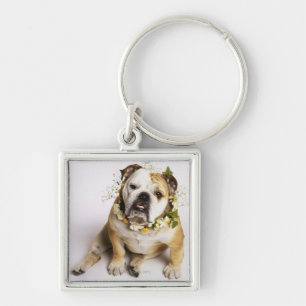 Bulldog with flower collar key ring