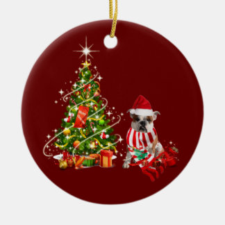 bulldog With Hat Scaft Christmas Ceramic Ornament