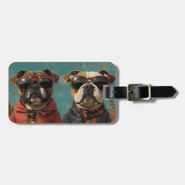 Bulldog With Heart Roses Valentine's Day Luggage Tag (Front Horizontal)