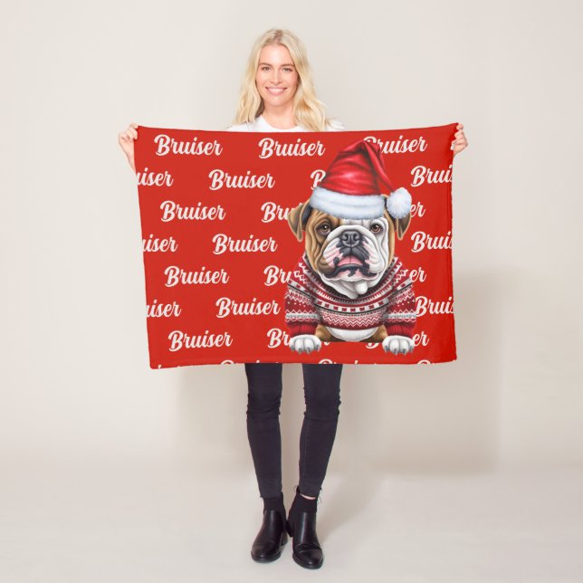 Bulldog with Name Patterned Christmas Fleece Blanket (In Situ)