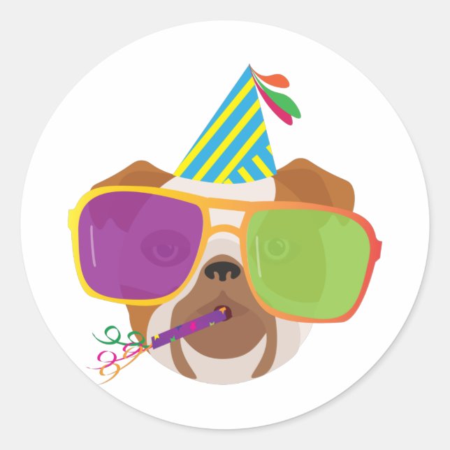 Bulldog With Party hat and Sunglasses Classic Round Sticker (Front)