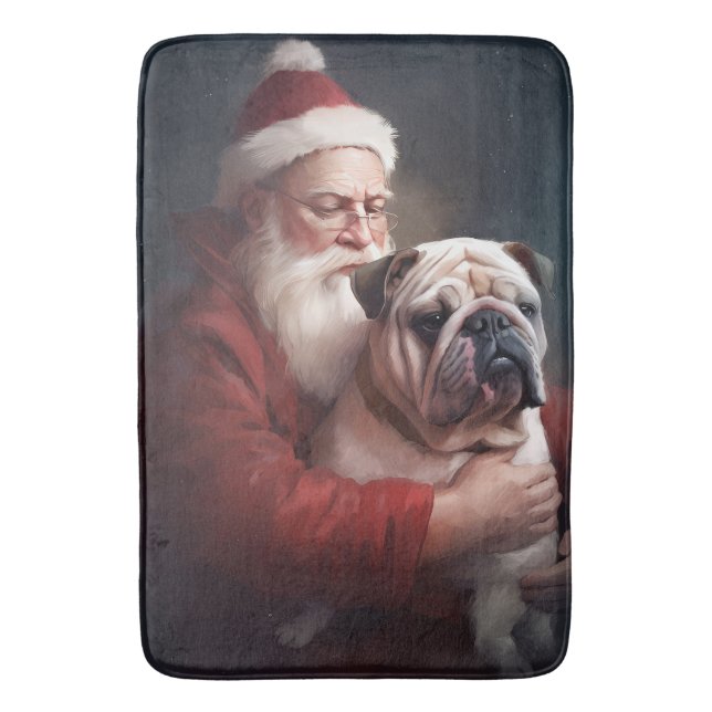 Bulldog With Santa Claus Festive Christmas  Bath Mat (Front Vertical)