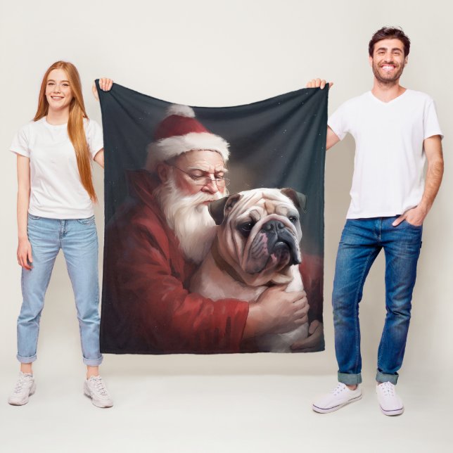 Bulldog With Santa Claus Festive Christmas  Fleece Blanket (In Situ)