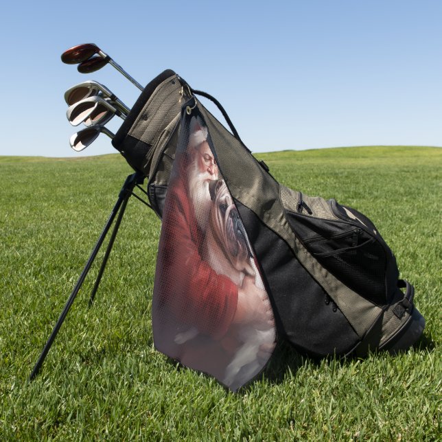 Bulldog With Santa Claus Festive Christmas  Golf Towel (Green)