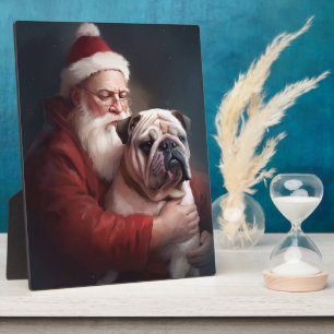 Bulldog With Santa Claus Festive Christmas Plaque