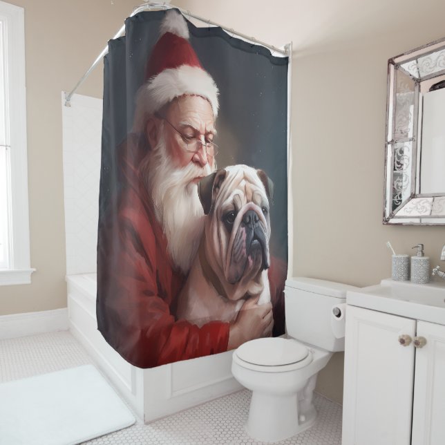 Bulldog With Santa Claus Festive Christmas  Shower Curtain (In Situ)