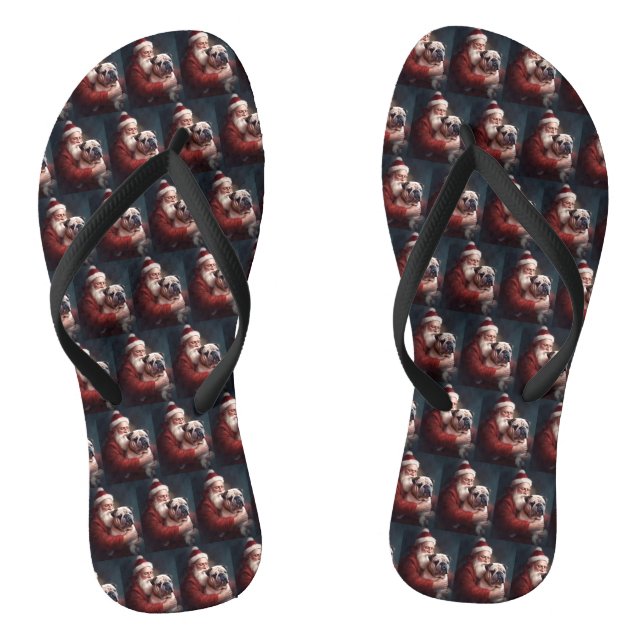 Bulldog With Santa Claus Festive Christmas  Thongs (Footbed)