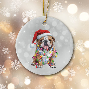 Bulldog Wrapped in Christmas Lights Ceramic Ornament