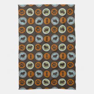 Bulldogs Pattern with Paw Prints and Dog Biscuits Tea Towel