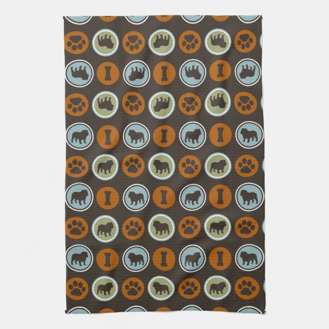 Bulldogs Pattern with Paw Prints and Dog Biscuits Tea Towel (Vertical)