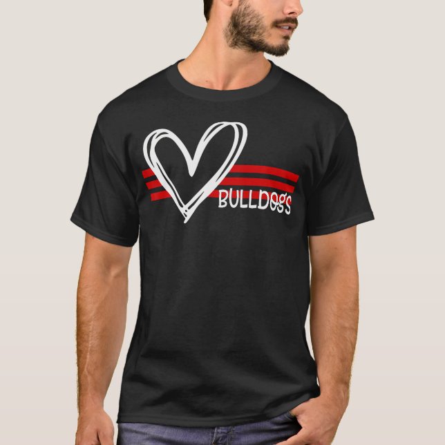 Bulldogs Team Pride School Spirit White Red Heart  T-Shirt (Front)