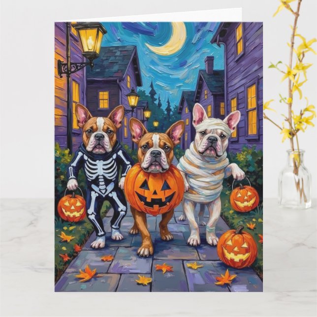 Bulldogs Trick-or-Treating in Halloween Costumes Card (Yellow Flower)