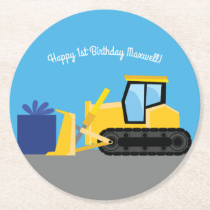 Bulldozer Birthday Party Construction Round Paper Coaster