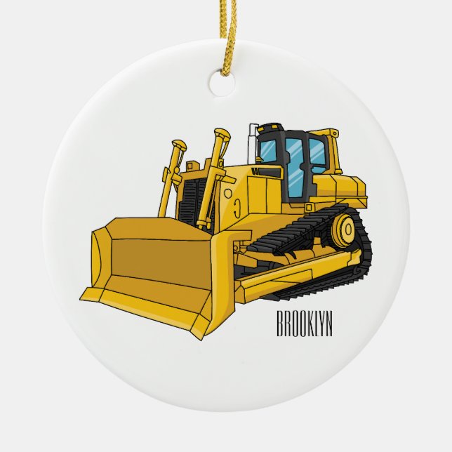Bulldozer cartoon illustration ceramic ornament (Front)