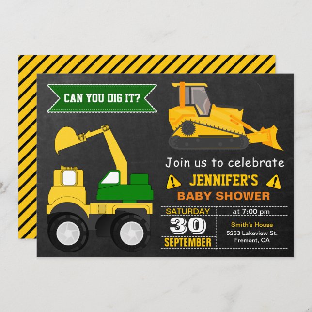 Bulldozer Construction Baby Shower Invitation (Front/Back)