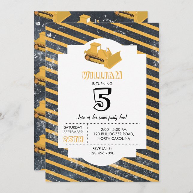 Bulldozer Construction Truck Birthday Invitation (Front/Back)